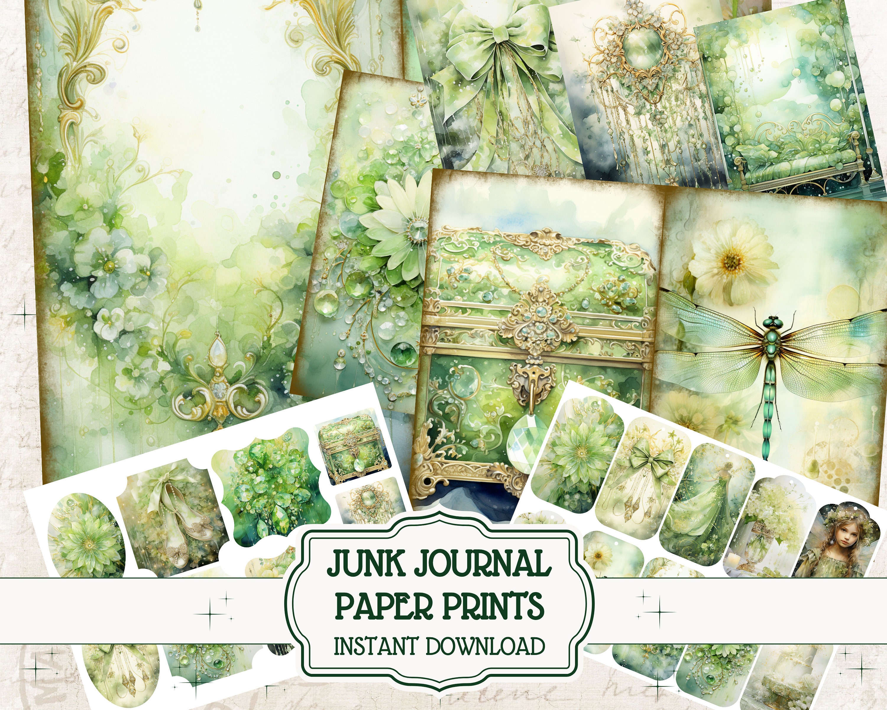 Big Bundle Green Junk Journal Paper Spring Scrapbook Supplies Mixed Media Forest Fairytale Ephemera Vintage Journaling Pages Kit Decoupages
