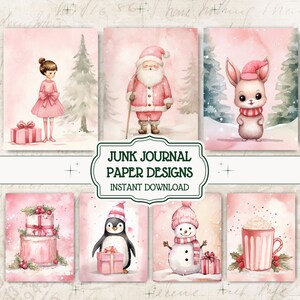 Junk Journal Papier, Aquarell, Rosa, Weihnachtspapier, Feiertage, Scrapbook-Set, druckbarer Schneemann, ATC-Karte, Weihnachten, Ephemera, Grün