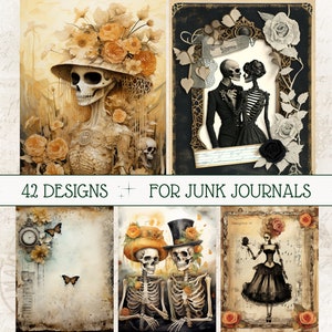 Herbst Skelett Party Junk Journal Kit Halloween Scrapbook Papier Goth Journaling Seiten druckbare ATC Karten Halloween Skeleton Junk Journal