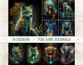 Mystical Animals Whimsical Junk Journal Kit Forest Scrapbook Pages Magical Animals Junk Journal Paper Forest Animal Ephemera ATC Card Print