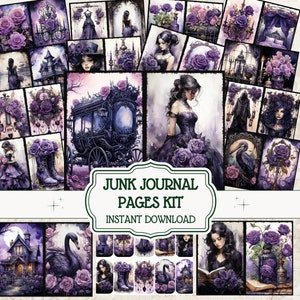 Goth Purple Dream Junk Journal Gothic Roses Ephemera Kit Dark Roses Pagine Goth Junk Journal Vintage Roses Carta da giornale stampabile Strega