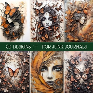 Fall Butterflies Junk Journal Kit, Fall Mystery Scrapbook Paper, Autumn Witch Printable Pages, Halloween ATC Cards, Digital Ephemera Kit