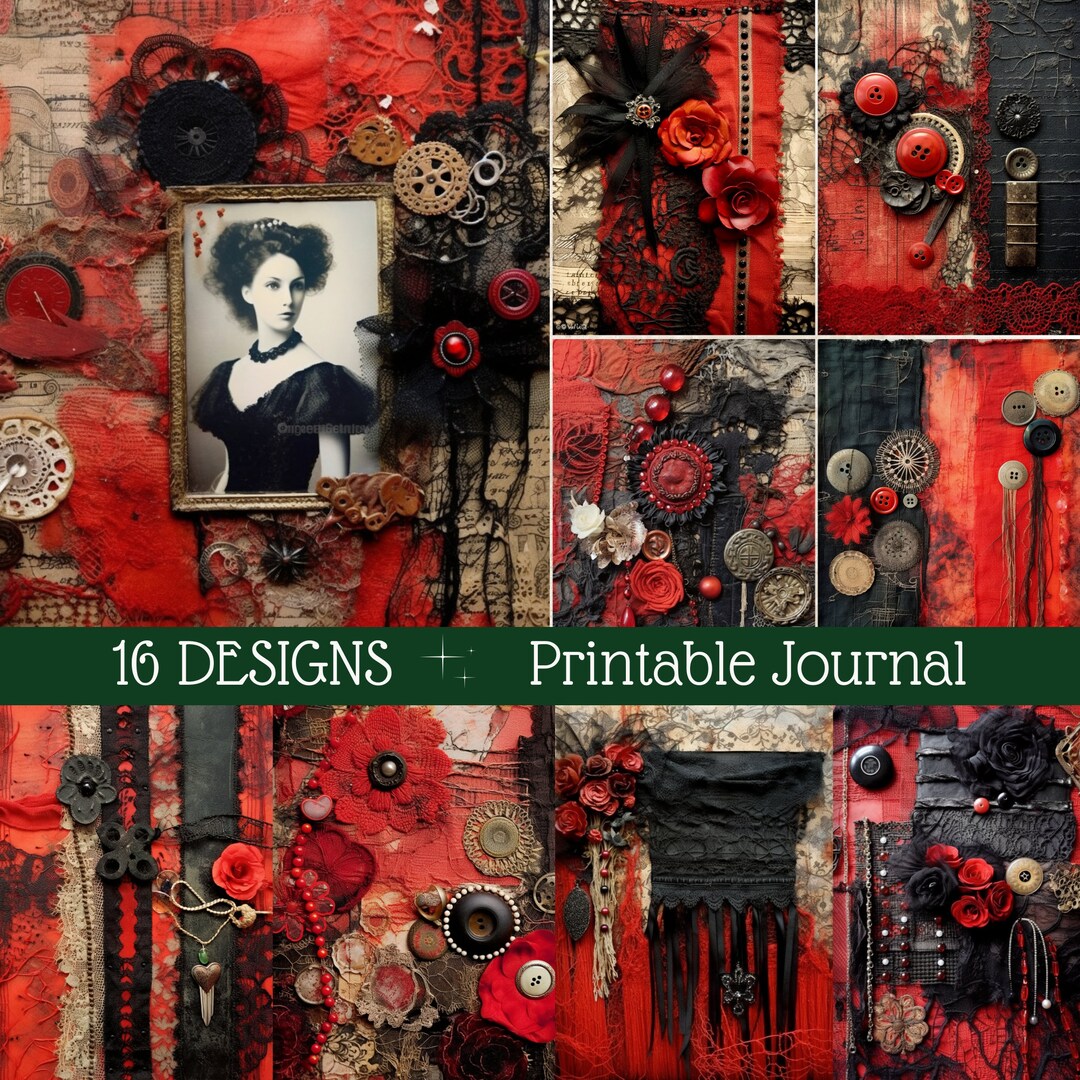 Goth Scrapbook Paper, Junk Journal Fabrics, Grunge Journal Pages, Goth