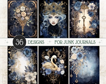 Kit de diario basura azul dorado Rosas mágicas Papel digital Swan Dark Journal Imprimibles Azul Invierno Diario basura Papel Celestial Junk Journal Kit