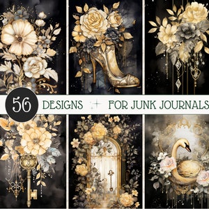 Junk Journal Pages Flowers, Gold Journal Paper, Black Junk Journal Paper, Swan, Mixed Media Printable, Scrapbook Paper Watercolor Flowers