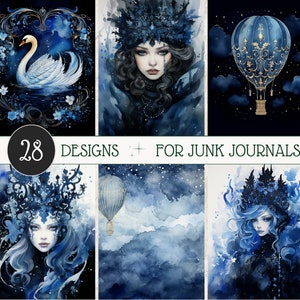 Goth Junk Journal Winter, Swan Ephemera, Gold Journal Paper Kit, Winter Ice Queen, Mystic Winter, ATC Card Kit Royal Blue Scrapbooking Pages