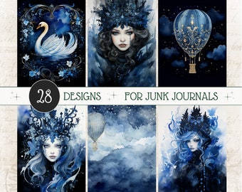 Goth Junk Journal Winter, Swan Ephemera, Gold Journal Paper Kit, Winter Ice Queen, Mystic Winter, ATC Card Kit Royal Blue Scrapbooking Páginas