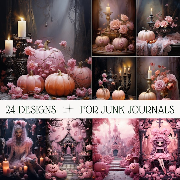 Halloween scrapbook printable pages, gothic ephemera pack, pumpkin cards, jack o lanterns papers, pink junk journal pages, journaling, rose