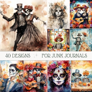 Dia de los Muertos Kit de diário lixo aquarela diário La Catrina páginas de scrapbook kit de diário para impressão esqueleto cartão ATC coisas efêmeras assustadoras