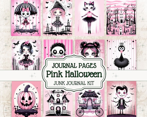 Pink Halloween Junk Journal Kit Gothic Scrapbook Pages Mystery Spooky Journal Printable Paper Journaling Download Goth Cute Ghost ATC Cards