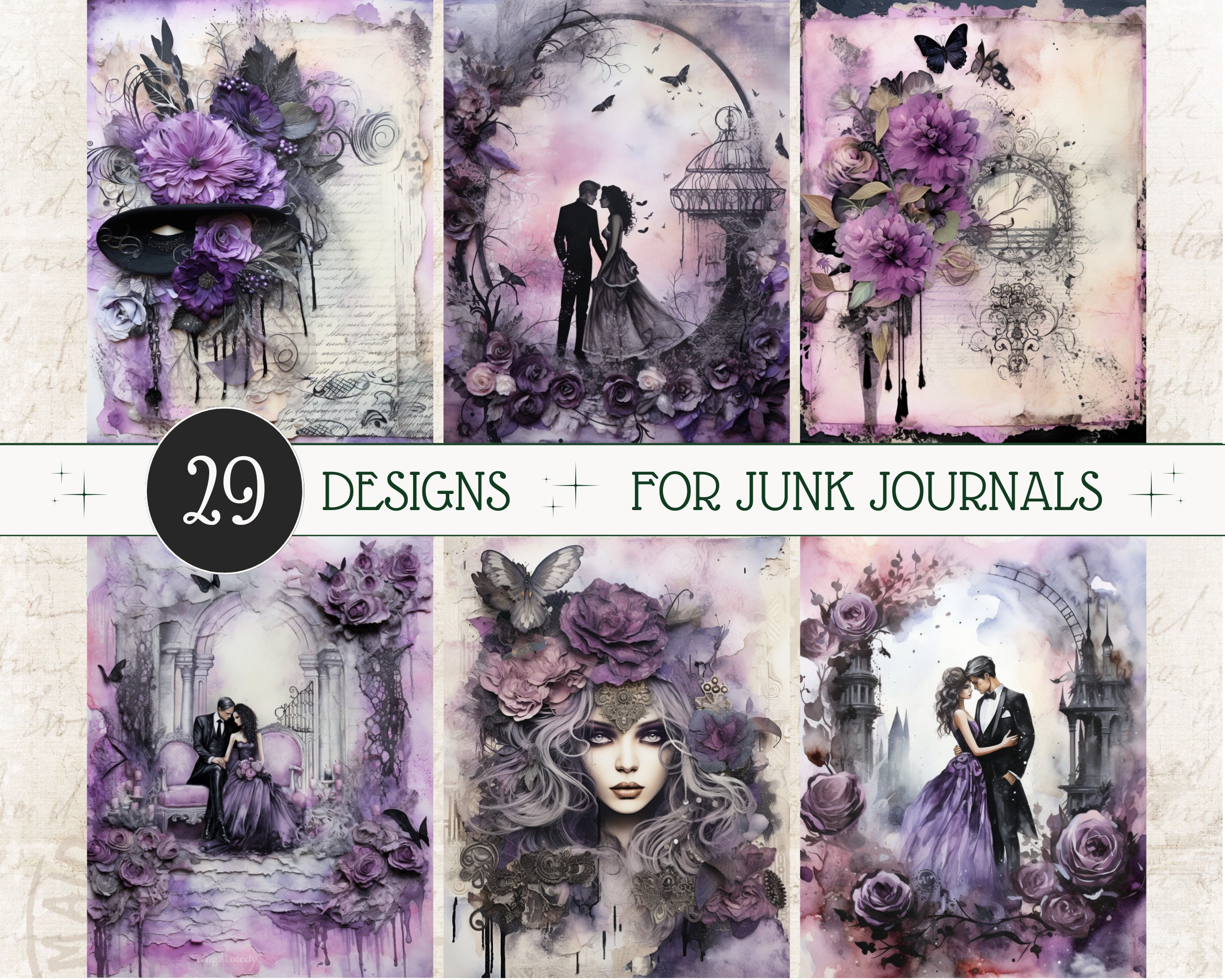 Romantic Junk Journal Kit, Goth Decoupage Papers, Junk Journal Paper Purple, Purple Theme, Gothic Romance Scrapbook, Purple Ephemera, ATC
