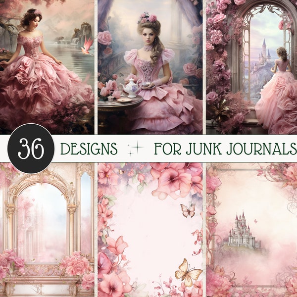 Pink Fairytale Junk Journal Kit Pink Princess Journal Printables Pink Craft Paper Princess Ephemera Shabby Chic Roses Victorian Journal ATC