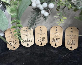 Set di 5 etichette regalo di Natale moderne - personalizzate - qualcosa di cui hai bisogno - condividi - indossa - desideri - leggi