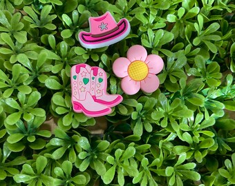 Croc Charms - cowgirl boots, cowgirl hat, pink flower