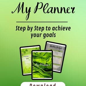 May include: A digital planner with a green and black design. The planner has the text "My Planner 2023" on the cover. The image also shows a monthly budget page and a daily planner page. The text "Download" is at the bottom of the image.