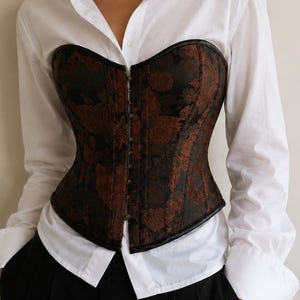 Brown Overbust Corset,  Vintage  Lace Up Bustier Top, Renaissance Gothic Corset, Floral Pattern Bodice