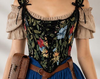 Ren Faire Corset, Vintage Lace Up Bustier, Tapestry  Corset Top, Victorian Costume Bodice