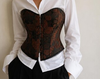 Vintage Overbust Corset for Women, Lace Up Bustier Top, Floral Brown Corset