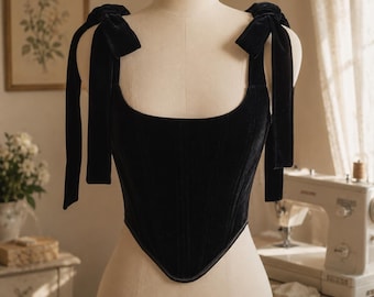 Black Velvet Corset Top, Lace Up Bustier for Women, Victorian-Inspired Bustier, Victorian Style Bodice