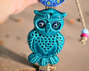 Wisdom-Watcher: Ceramic Owl Wall Art with Protective Evil Eye Bead