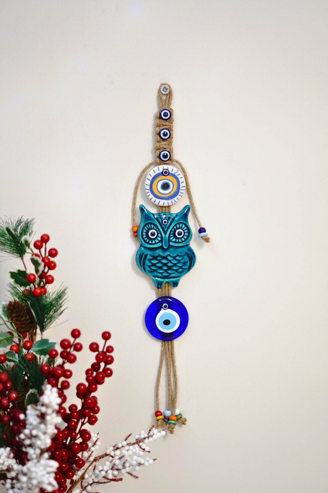 Ceramic Owl Wall Hanging With Evil Eye Bead Handcrafted Home Etsy
