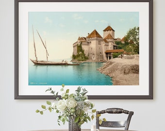 DIGITAL DOWNLOAD | Chillon Castle, Medieval Chateau, Vaud Lake Geneva Switzerland | Antique Photochrom Image 1890, Vintage Photography 188D