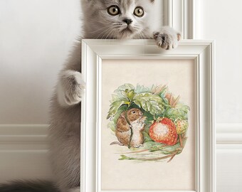 DIGITALER DOWNLOAD | Antike Beatrix Potter Illustration der niedlichen Maus die eine Erdbeere isst | Vintage Kinderzimmer Deko | 112D