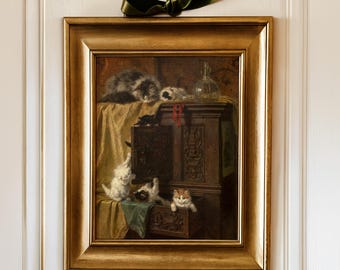 DIGITAL DOWNLOAD | Playful Kittens | Antique Painting of Adorable Mamma Cat and Kittens | Vintage Animal Wall Art Decor | 144D