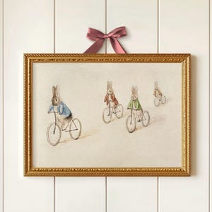 Beatrix Potter Poster Print, Antique Illustration of Bunnies Riding Bicycles, Vintage Peter Rabbit Nursery Wall Art, Babyshower Gift-048P