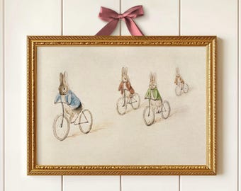Beatrix Potter Poster Print, Antique Peter Rabbit Bunnies Riding Bicycles, Vintage Nursery Decor-048P