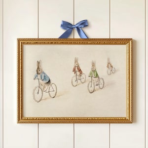 Beatrix Potter Poster Print, Antique Illustration of Bunnies Riding Bicycles, Vintage Peter Rabbit Nursery Wall Art, Babyshower Gift-048P