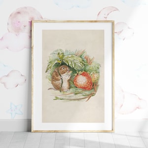 May include: A framed illustration of a small brown mouse holding a green leaf, with a red strawberry and green leaves in the background. The illustration is on a cream-colored background.