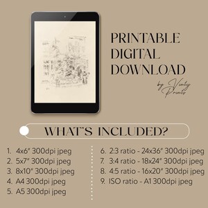 May include: Printable digital download of a black and white sketch of a building. The download includes nine different sizes, including 4x6 inches, 5x7 inches, 8x10 inches, A4, A5, 2:3 ratio, 3:4 ratio, 4:5 ratio, and ISO ratio.
