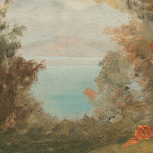 May include: A painting of a lake scene with a mountain range in the background. The lake is a light blue color and the mountains are a light brown color. The painting is framed by trees on either side.