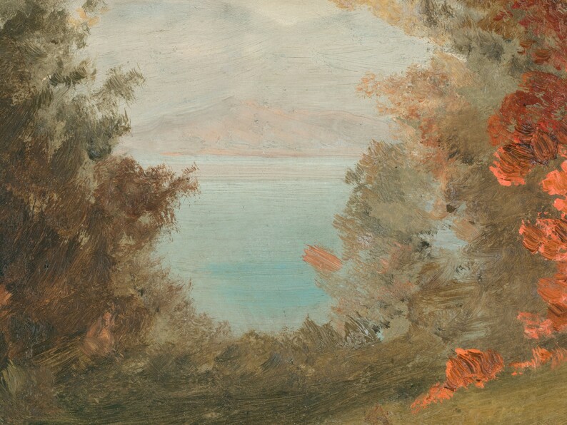 May include: A painting of a lake scene with a mountain range in the background. The lake is a light blue color and the mountains are a light brown color. The painting is framed by trees on either side.