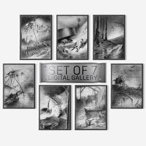 War of the Worlds Digital Download Bundle Set of 7, Vintage Sci-Fi Printable Illustrations, 1906 HG Wells Novel, Alien Invasion Art-176D