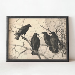 POSTER PRINTS | Antique Crows Painting | Raven Art Print | Dark Moody Wall Decor | Vintage Art Wall Decor | 009P