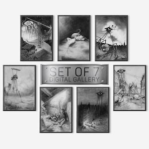 War of the Worlds Digital Download Bundle Set of 7, Vintage Sci-Fi Printable Illustrations, 1906 HG Wells Novel, Alien Invasion Art-177D