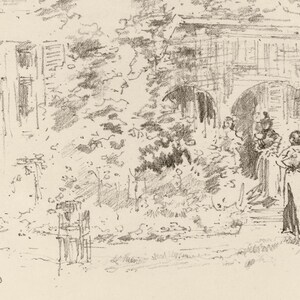 May include: A black and white pencil sketch of a group of people standing on a porch. The people are dressed in clothing from the late 1800s or early 1900s. The sketch is done in a loose, gestural style.