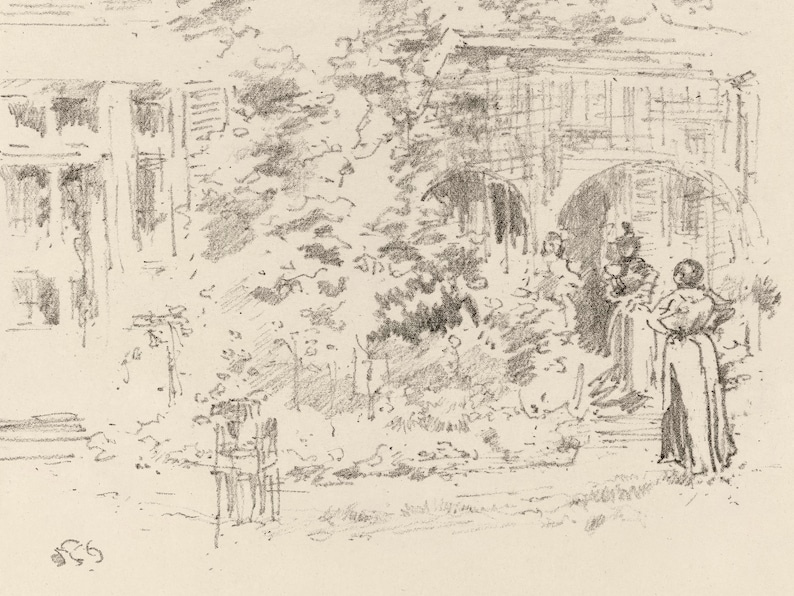 May include: A black and white pencil sketch of a group of people standing on a porch. The people are dressed in clothing from the late 1800s or early 1900s. The sketch is done in a loose, gestural style.
