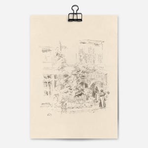 May include: A black and white pencil sketch of a building with a group of people standing in front of it. The building has a large doorway and windows. The people are dressed in clothing from a different era.