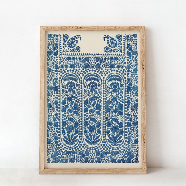 POSTER PRINTS | Blue Indian Scarf End | Antique Embroidery Wall Art | Vintage Illustration Wall Decor | 052P
