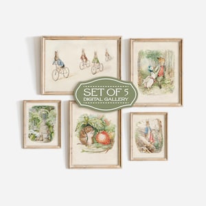May include: Set of 5 framed digital gallery prints featuring vintage illustrations of rabbits, squirrels, and other woodland creatures. The prints have a soft, watercolor style with a neutral color palette and are displayed on a white wall.