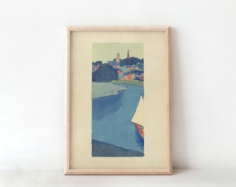 POSTER PRINTS | Colorful Vignette II | Antique Painting Coastal Harbor Landscape in Vibrant Colors | Vintage Magnolia Wall Decor | 091P