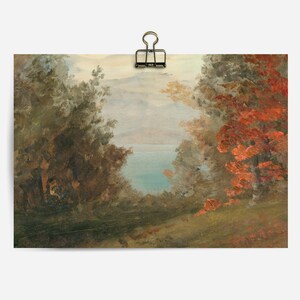 May include: A painting of a landscape with a lake in the distance. The lake is surrounded by trees, some of which are in the foreground and some of which are in the background. The trees in the foreground are a mix of green and brown, while the trees in the background are a mix of green and red.