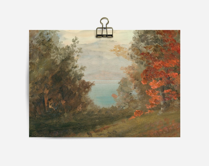 May include: A painting of a landscape with a lake in the distance. The lake is surrounded by trees, some of which are in the foreground and some of which are in the background. The trees in the foreground are a mix of green and brown, while the trees in the background are a mix of green and red.