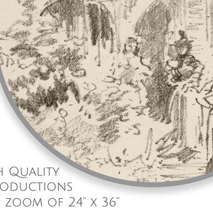 May include: A black and white pencil drawing of a group of people standing in a courtyard. The drawing is done in a loose, gestural style, and the figures are partially obscured by trees and foliage.