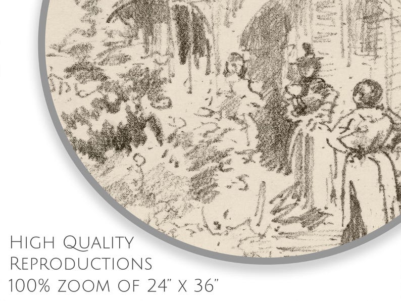 May include: A black and white pencil drawing of a group of people standing in a courtyard. The drawing is done in a loose, gestural style, and the figures are partially obscured by trees and foliage.