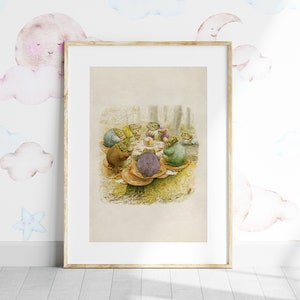 May include: A vintage illustration of a group of small, colorful animals sitting around a table in a forest setting. The animals are wearing clothes and appear to be having a tea party.