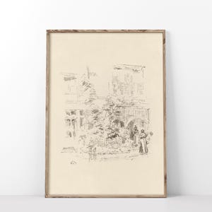May include: A black and white line drawing of a building with a courtyard and two people standing in the courtyard.